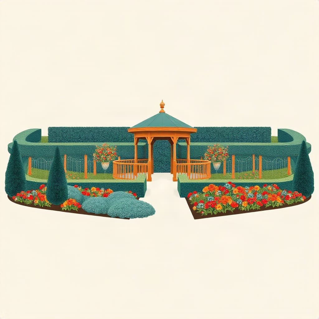 A garden pavilion between clipped hedges, with red and orange flower borders in front of it